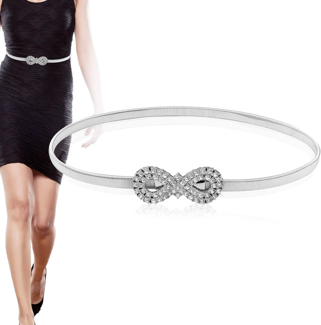 Metal Bow Belt Women's Rhinestone Belt Silver Waist Stretchy Bow-Knot Chain Shinny Waistband Tie Rope for Dresses Jeans Gift