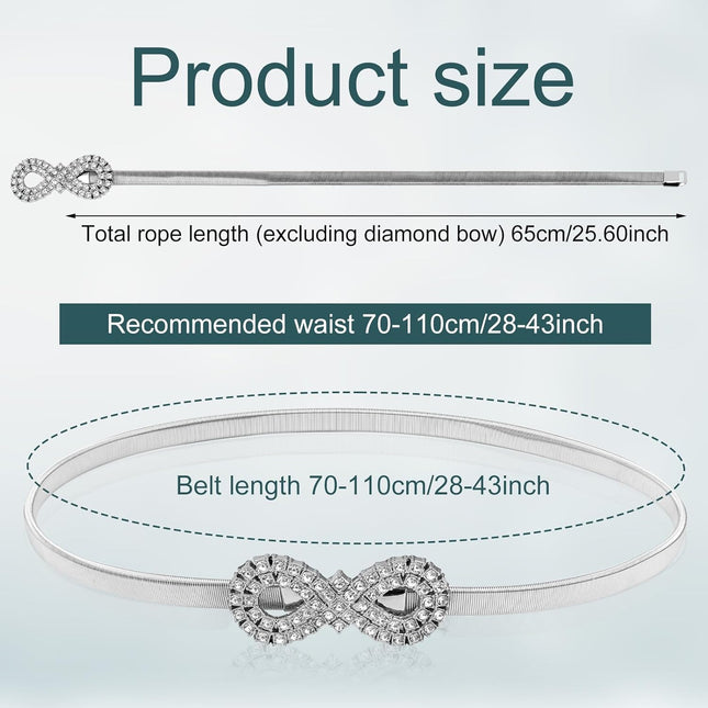 Metal Bow Belt Women's Rhinestone Belt Silver Waist Stretchy Bow-Knot Chain Shinny Waistband Tie Rope for Dresses Jeans Gift