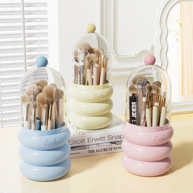 Pink 360° Rotating Makeup Brush Holder with Clear Dome – Stylish Organizer for Vanity, Desk, and Bathroom