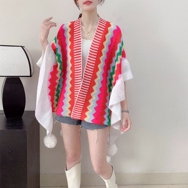 Red Women's printed knitted cardigan cape with ruffled sleeves (Style 1)
