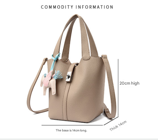 Brown Women's Small PU Leather Bucket Bag with Secure Lock and Horse Charm - 20cm Compact Crossbody Handbag for Everyday Use