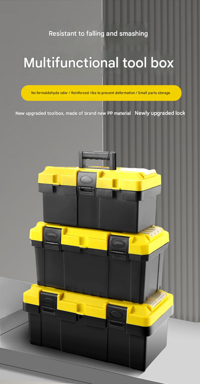 17-inch Yellow and Black Heavy Duty Plastic Toolbox - PP Material with ABS Latches - Lockable, Large Capacity, Double Layer, Organized Storage, for Home Repair, Automotive, Construction, Outdoor Use
